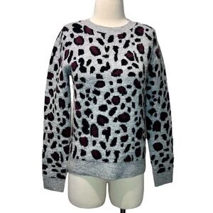 Halogen Snow Leopard Gray Red Crew Neck Sweater Size XS Wool Blend